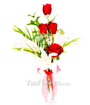 Red Roses & Lilies In White 